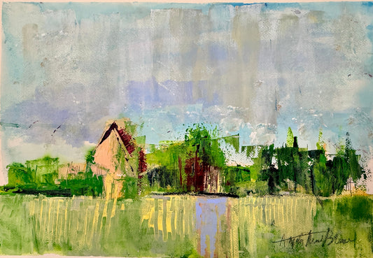 Abstract Barn & Green Landscape – Modern Mixed Media Fine Art Print