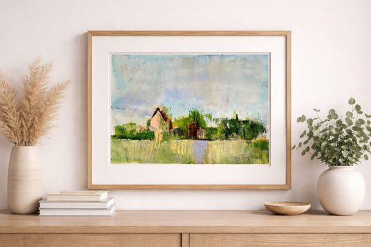 Abstract Barn & Green Landscape – Modern Mixed Media Fine Art Print